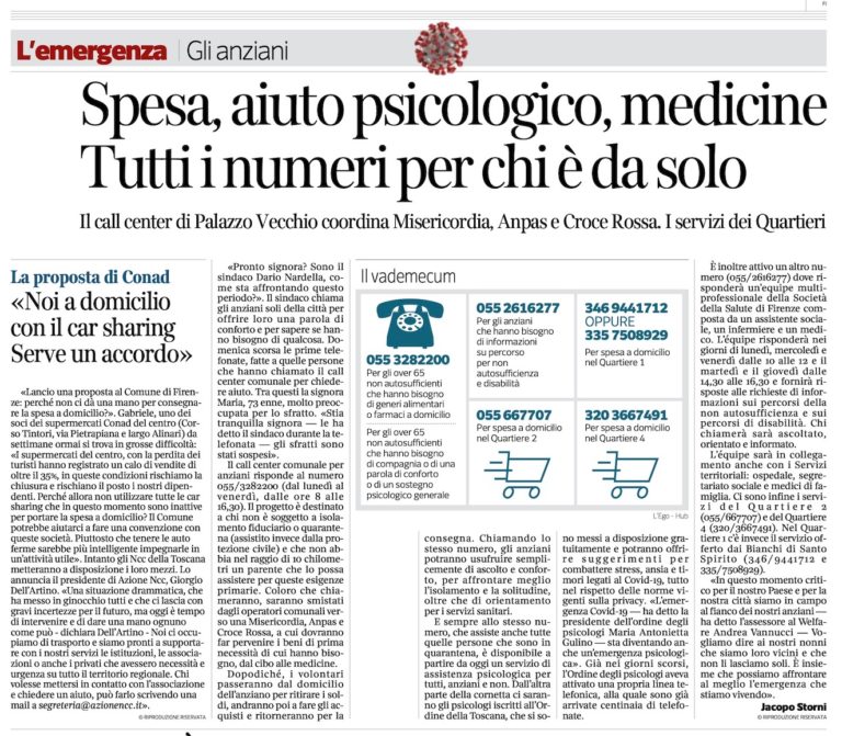 GUIDA PER CHI  È SOLO. “Spesa, medicine, psicologi. L’aiuto di Palazzo Vecchio” di Jacopo Storni 