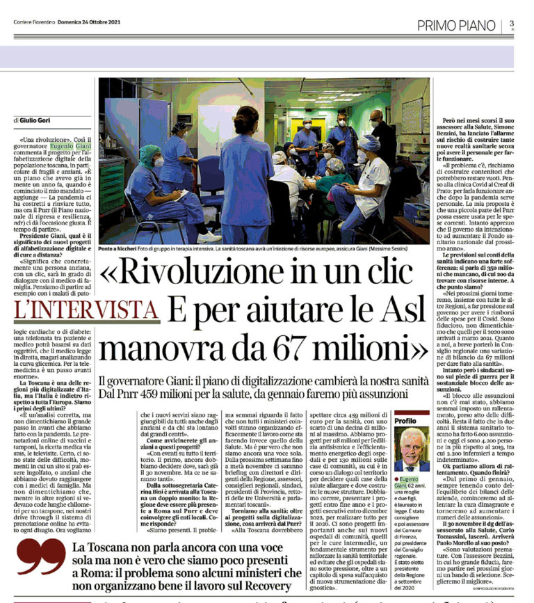 Giani: «Per la nostra sanità una rivoluzione digitale. E 459 milioni di euro in arrivo dal Pnrr»