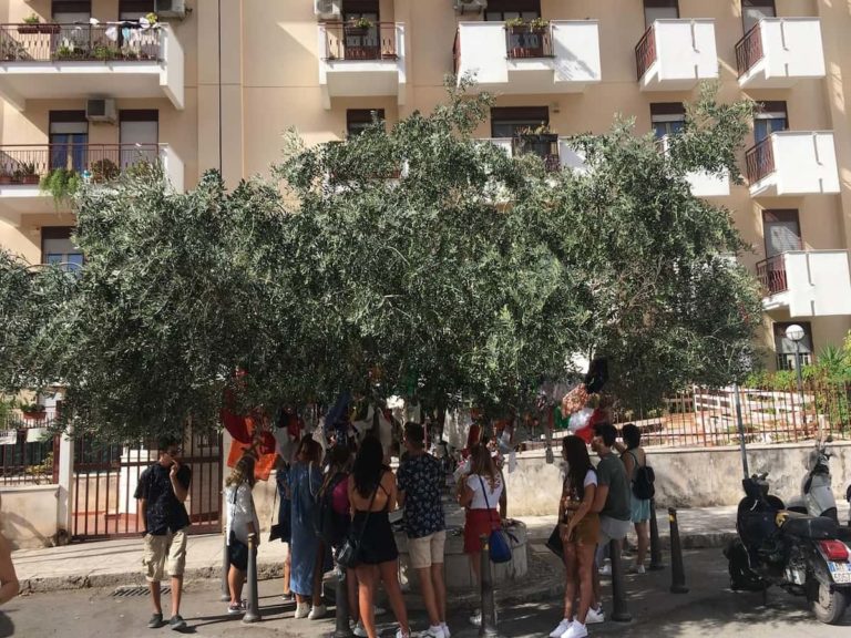 Alcuni ragazzi dei campi della legalità sotto l'albero piantato davanti alla casa di Brosellino