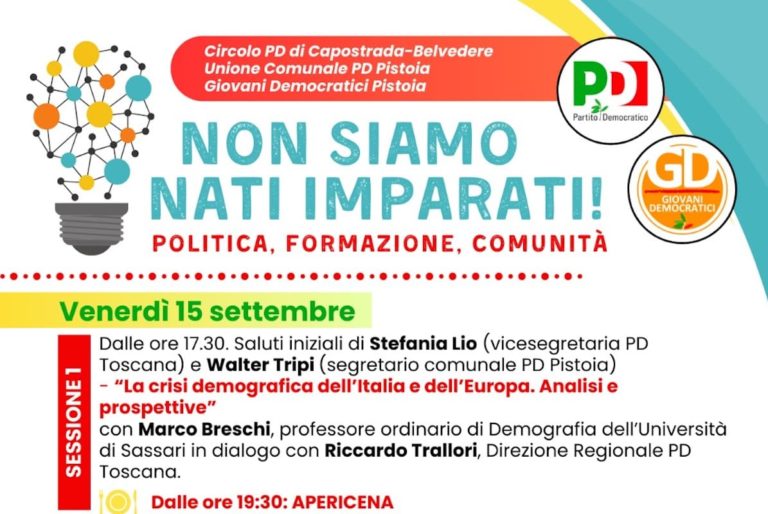 Il 15 e 16 settembre a Pistoia l’evento “Non siamo nati imparati! Politica formazione comunità”