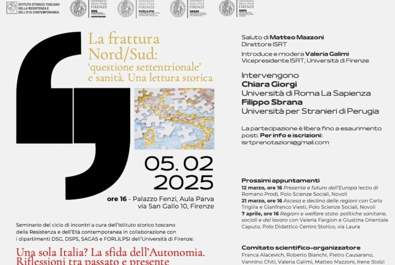 La frattura Nord/Sud: “questione settentrionale” e sanità. Una lettura storica: il 5 febbraio iniziativa ISRT a Firenze
