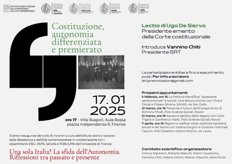 “Costituzione, autonomia differenziata e premierato”: il 17 gennaio la lectio di Ugo De Siervo